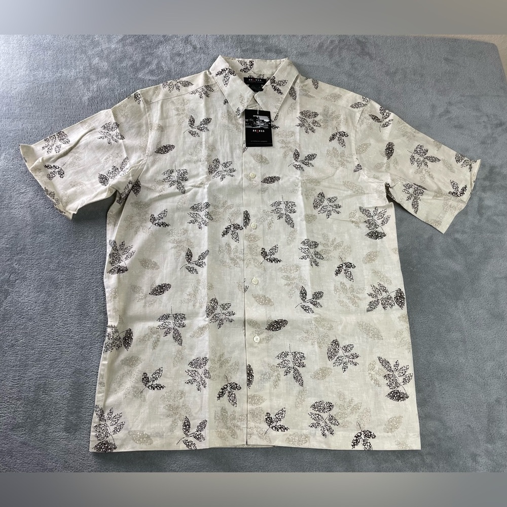 Axcess Men's Size Large Leaf Button Front Short Sleeve Shirt Linen Cotton Aloha